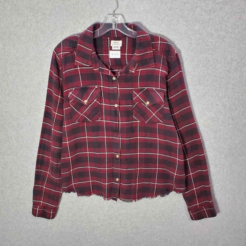 RVCA Women Top XL Red Plaid Flannel Long Sleeve Button Up Collar READhttps://i.e